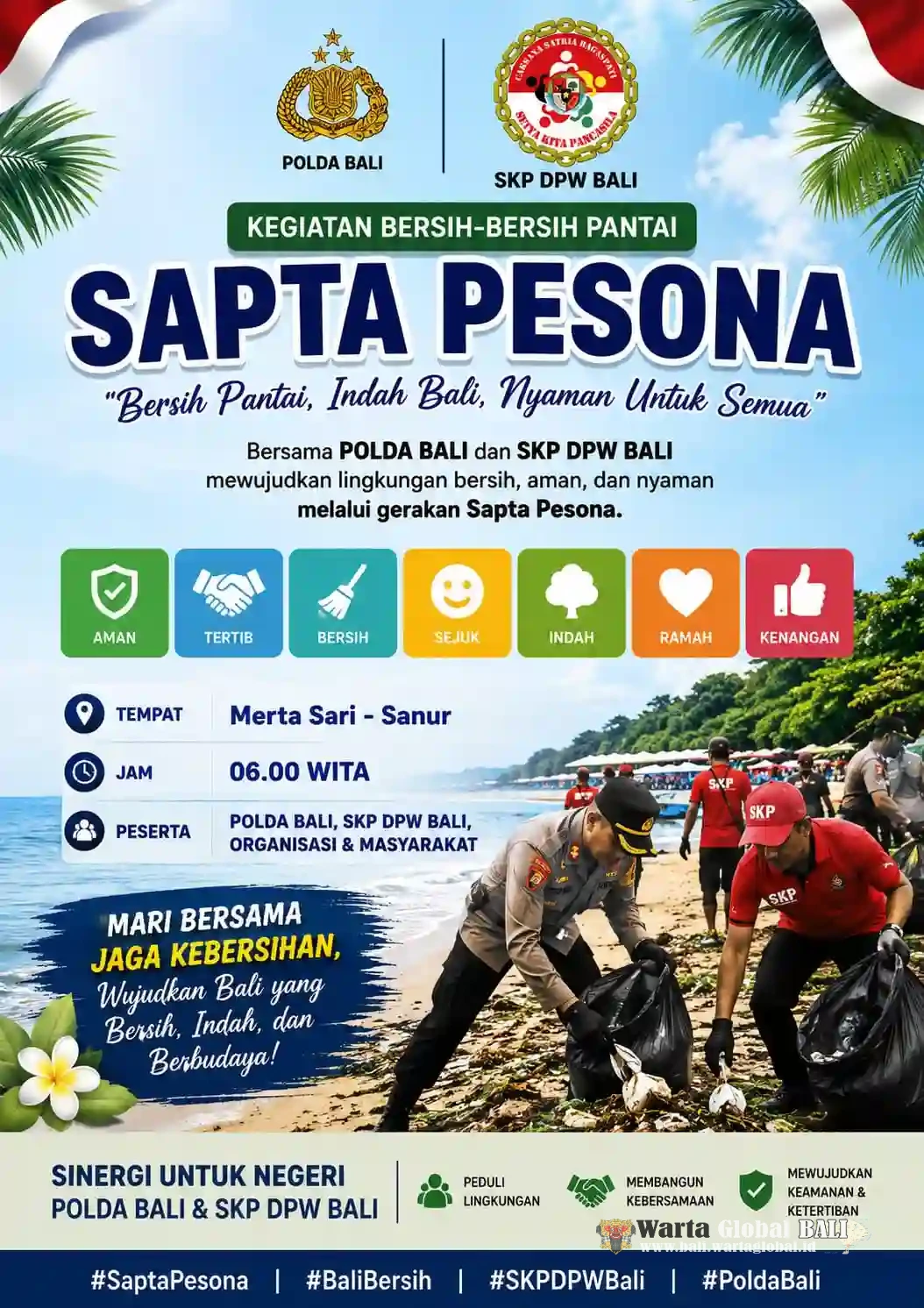 Polda Bali dan SKP DPW Bali Bersinergi Jaga Kebersihan Pantai Merta Sari Sanur