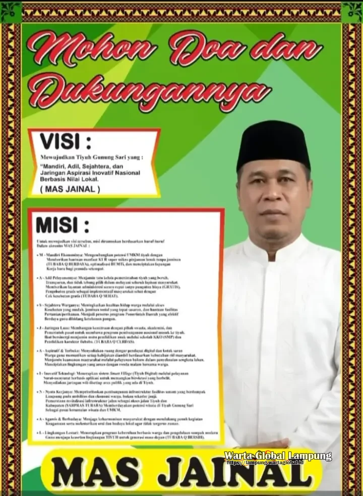 Calon vilkada No Urut 02  Kepalou Mas Jeinal di Tiyuh Gunung Sari.
Siap Melayani Kebutuhan Masyarakatnya