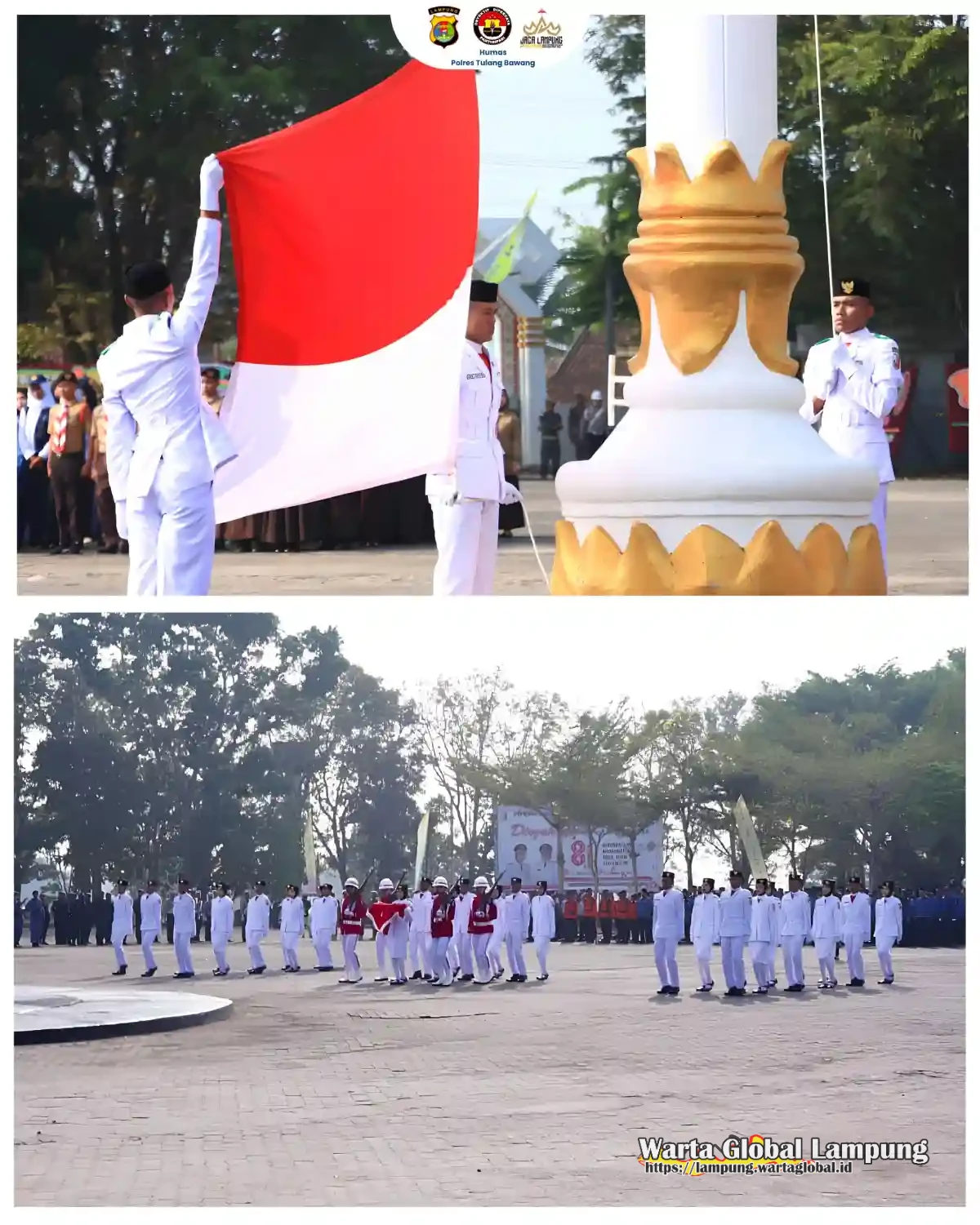 Merah putih di turunkan  dengan khidmat Kapolres tulang bawang dan PJU polres tuba