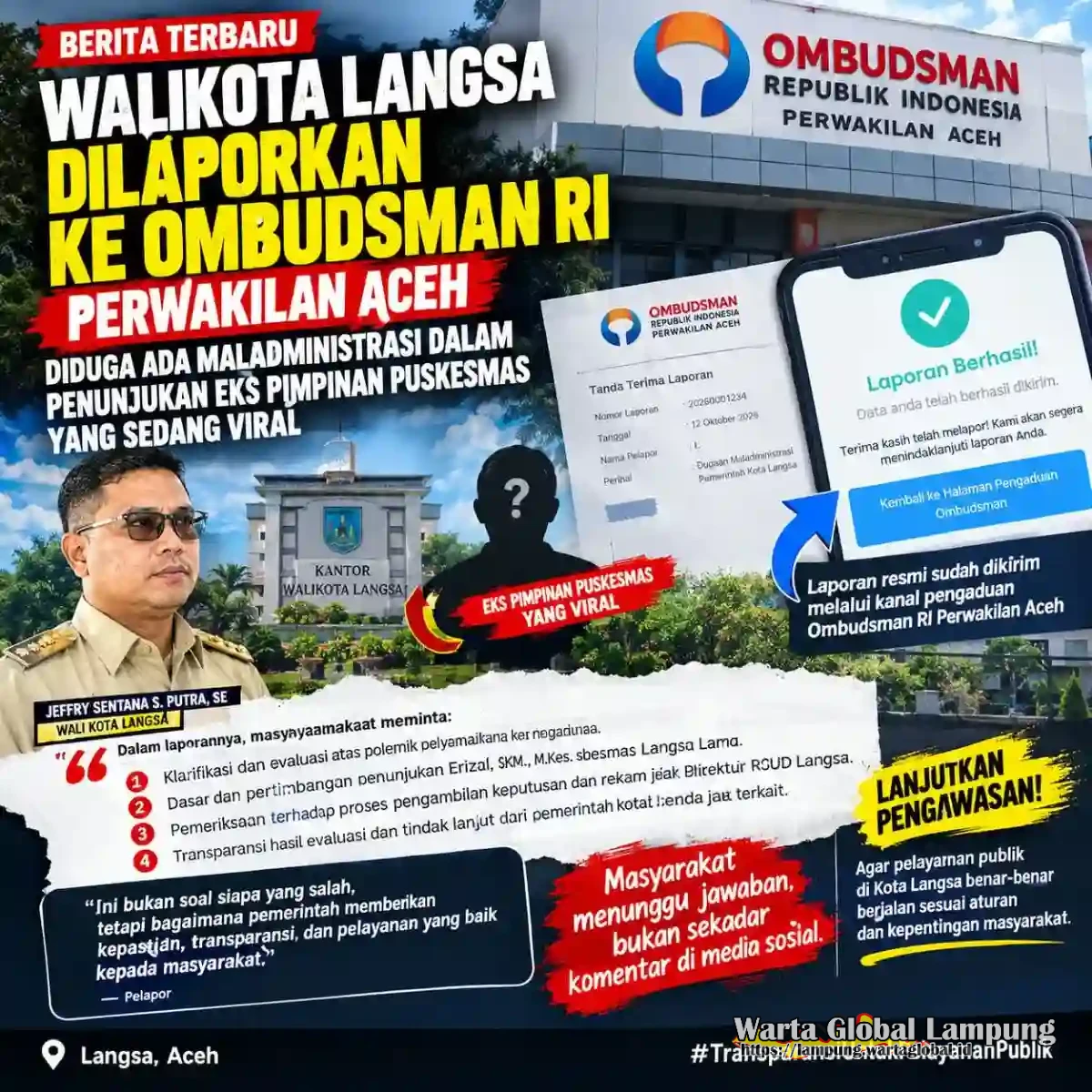 Wali Kota Langsa Dilaporkan ke Ombudsman RI Perwakilan Aceh, Pelapor Minta Dugaan Maladministrasi Diperiksa