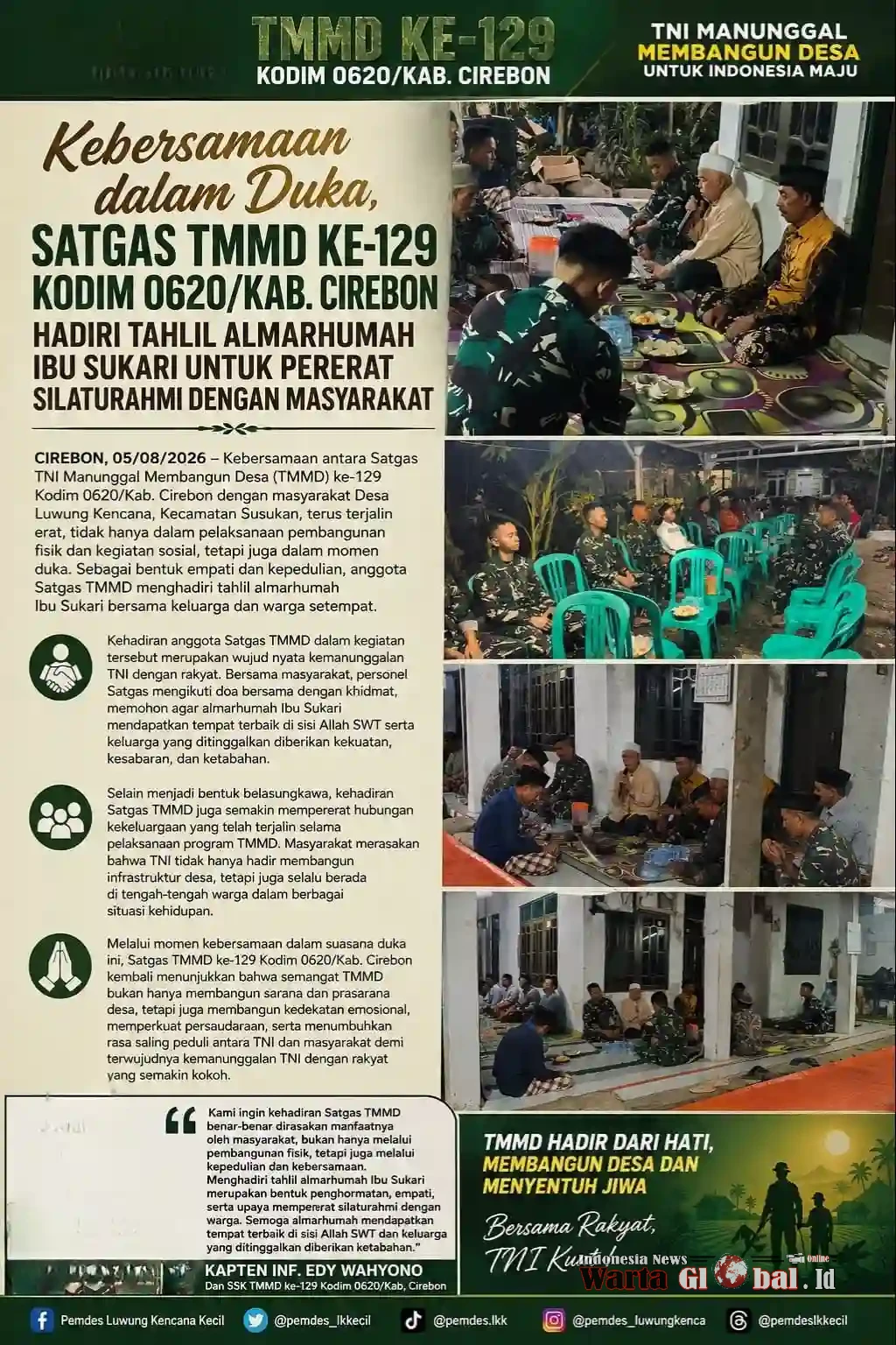 Kebersamaan dalam Duka, Satgas TMMD ke-129 Kodim 0620/Kab. Cirebon Hadiri Tahlil Almarhumah Ibu Sukari untuk Pererat Silaturahmi dengan Masyarakat