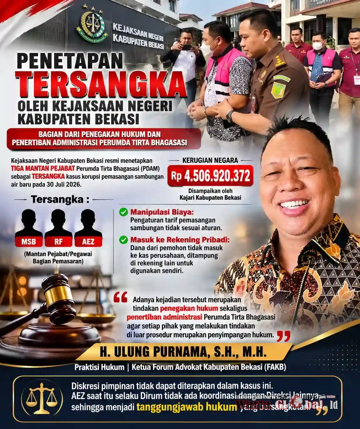 Penetapan Tersangka oleh Kejaksaan Negeri Kabupaten Bekasi bagian dari penegakan Hukum dan Penertiban Administrasi Perumda Tirta Bhagasasi