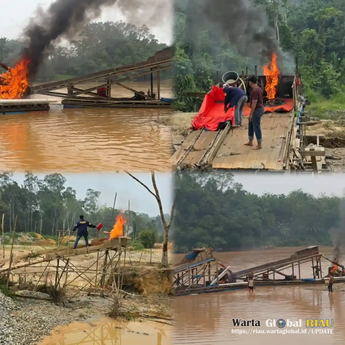 Polres Kuantan Singingi Tertibkan Aktivitas PETI Di Dua Lokasi, Empat Rakit Dimusnahkan