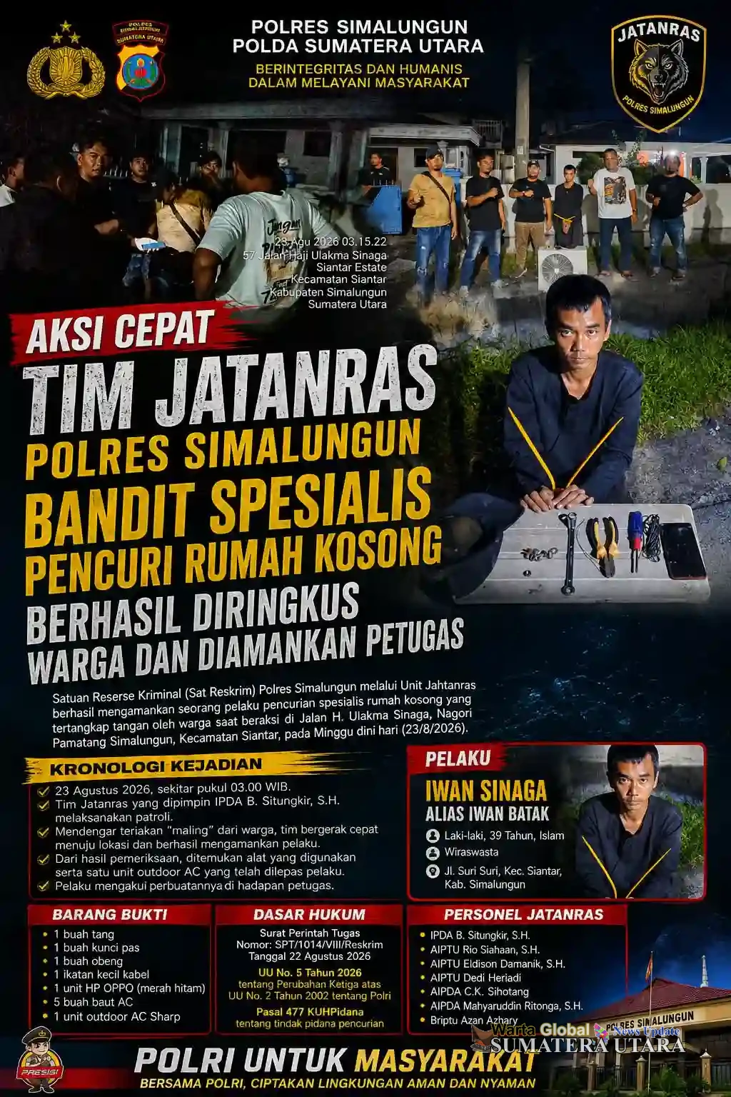 Gerak Cepat Jatanras Simalungun, Bandit Spesialis Rumah Kosong Diringkus Warga dan Polisi